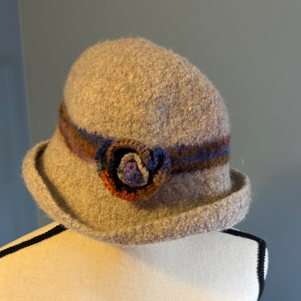Cozy Beige Wool Cloche Hat with Multicolor Accent